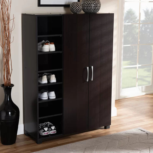 Shoe Rack: 2-Door Wood Entryway 19 Pair Shoe Storage Cabinet