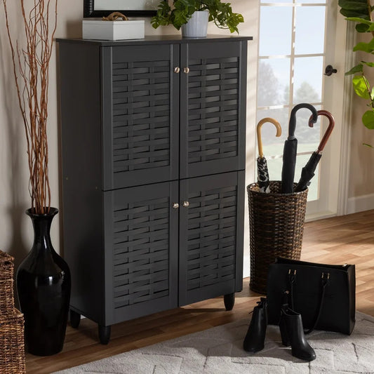 Shoe Rack: 4-Door Wooden Entryway 18 Pair Shoe Storage Cabinet