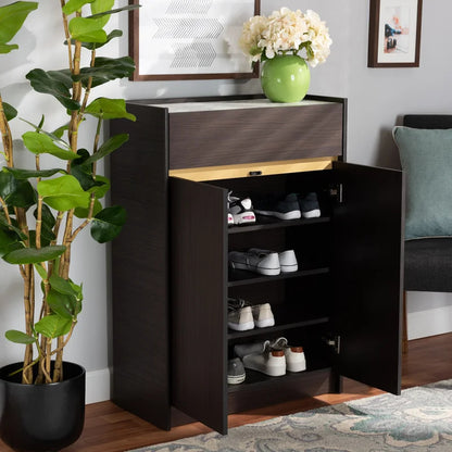 Shoe Rack: Dark Brown And Gold Finished Wood Shoe Cabinet With Faux Marble Top