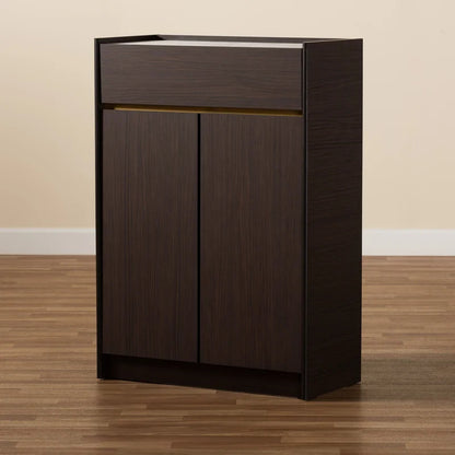 Shoe Rack: Dark Brown And Gold Finished Wood Shoe Cabinet With Faux Marble Top