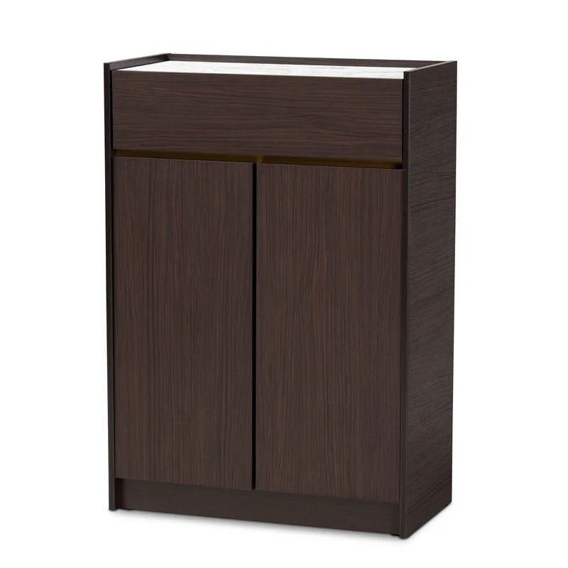 Shoe Rack: Dark Brown And Gold Finished Wood Shoe Cabinet With Faux Marble Top
