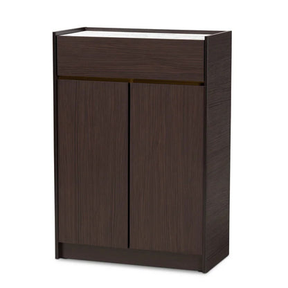 Shoe Rack: Dark Brown And Gold Finished Wood Shoe Cabinet With Faux Marble Top
