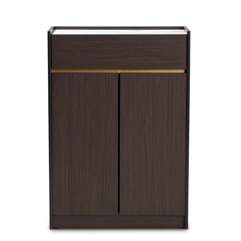 Shoe Rack: Dark Brown And Gold Finished Wood Shoe Cabinet With Faux Marble Top