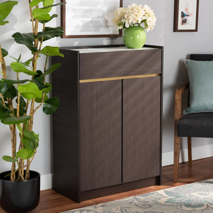 Shoe Rack: Dark Brown And Gold Finished Wood Shoe Cabinet With Faux Marble Top