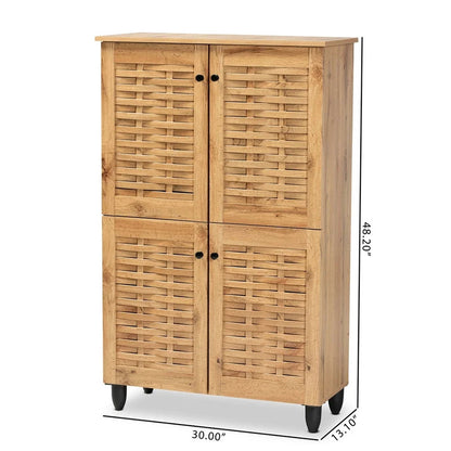 Shoe Rack: Oak Brown Finished Wood 4-Door Shoe Storage Cabinet