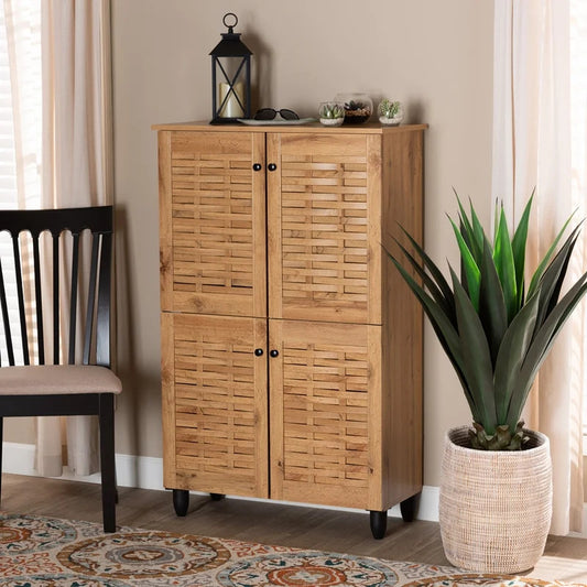 Shoe Rack: Oak Brown Finished Wood 4-Door Shoe Storage Cabinet