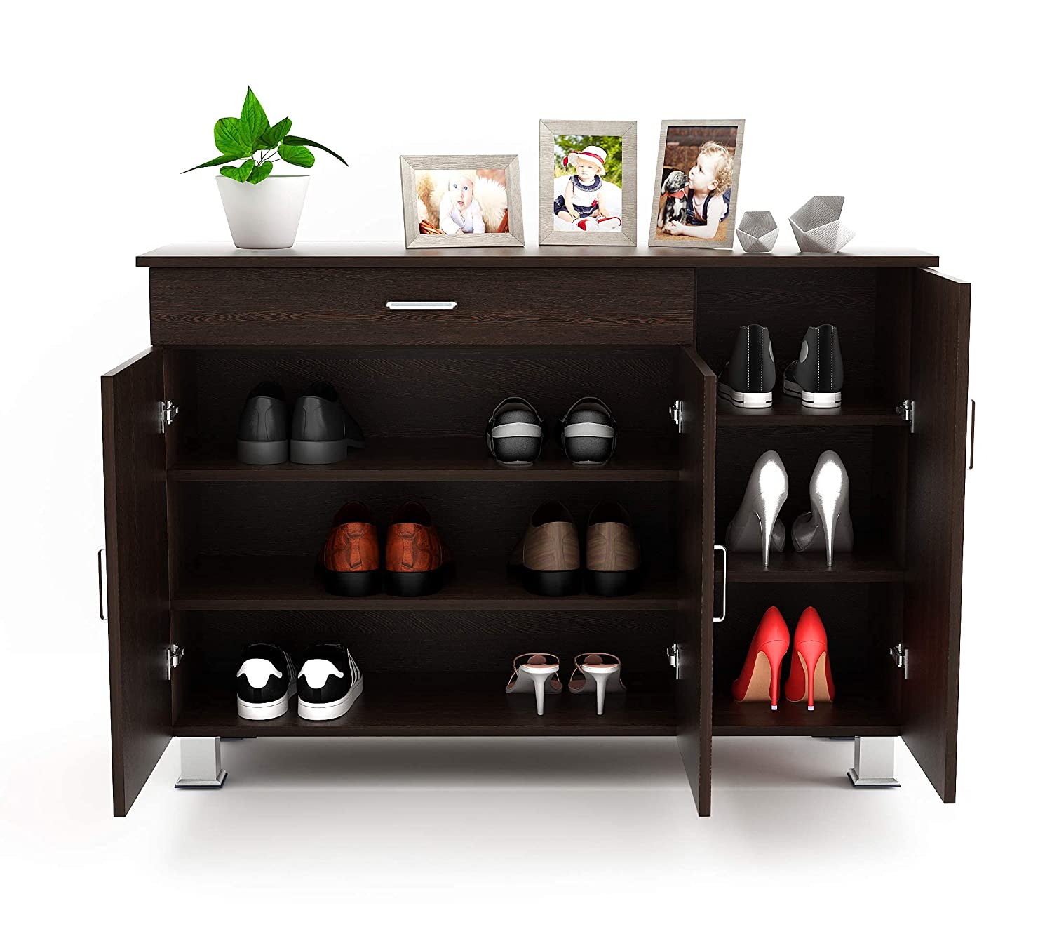 Shoe Rack: Waspen Wood 3 Door Shoe Rack Cabinet with Drawer Steel Legs (Wenge)