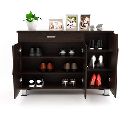Shoe Rack: Waspen Wood 3 Door Shoe Rack Cabinet with Drawer Steel Legs (Wenge)