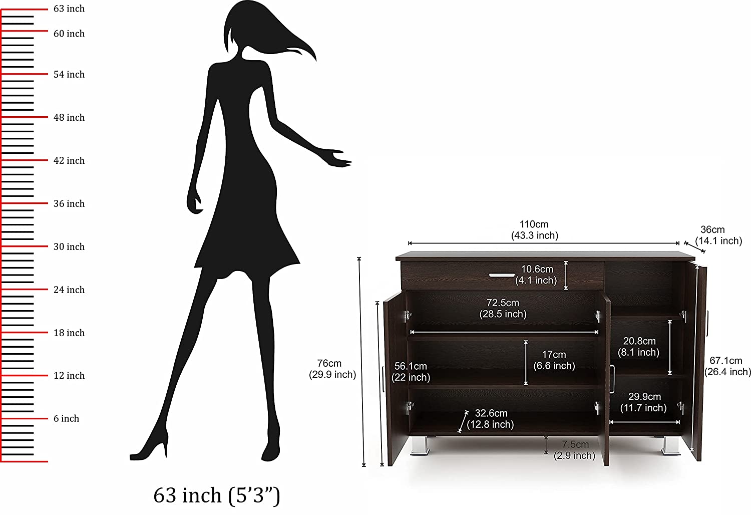 Shoe Rack: Waspen Wood 3 Door Shoe Rack Cabinet with Drawer Steel Legs (Wenge)