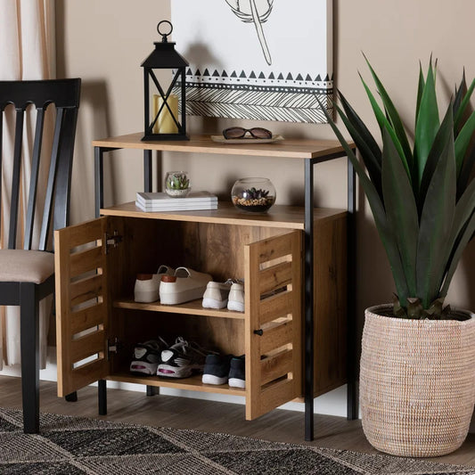Shoe Rack: Wood And Metal 2-Door Shoe Cabinet