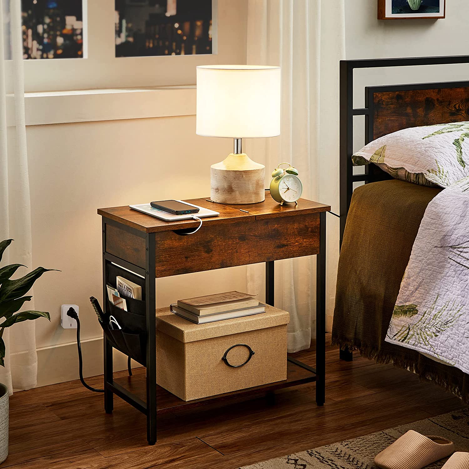 Side Table Storage Shelf and Fabric Bag, for Living Room, Bedroom, Rustic Brown and Black