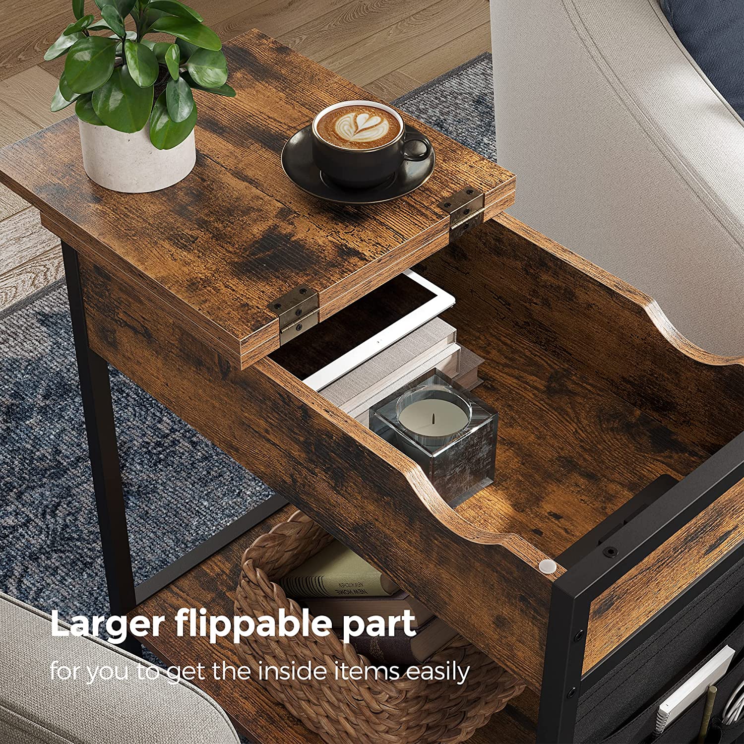 Side Table Storage Shelf and Fabric Bag, for Living Room, Bedroom, Rustic Brown and Black