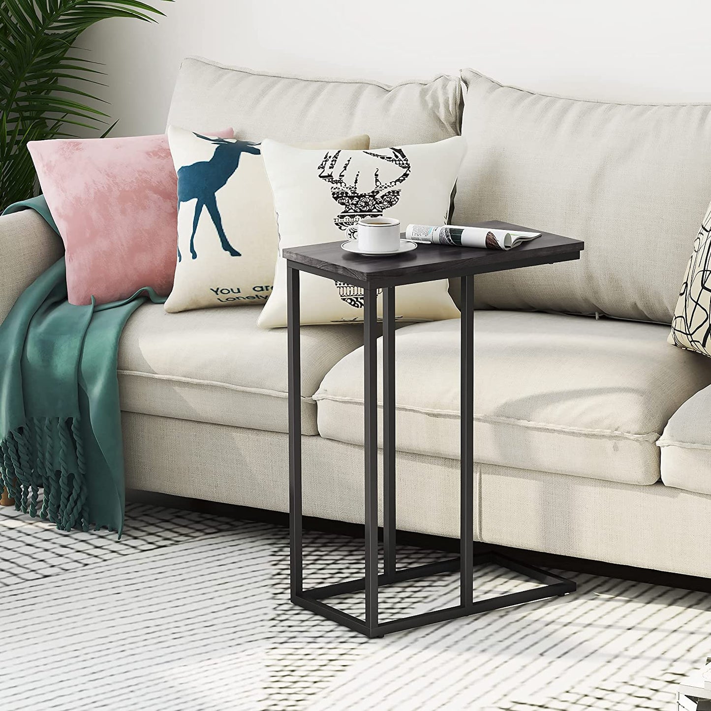 Side Tables: C Shaped Table with Stable Metal Frame, Sofa Couch Table for Coffee Snack Laptop, Easy Assembly, Grey
