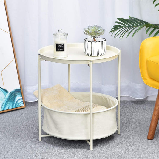 Side Tables Coffee Round Table with Detachable Tray Top and Fabric Storage Basket, Scandi Style Table for Living Room Bedroom (Cream) 