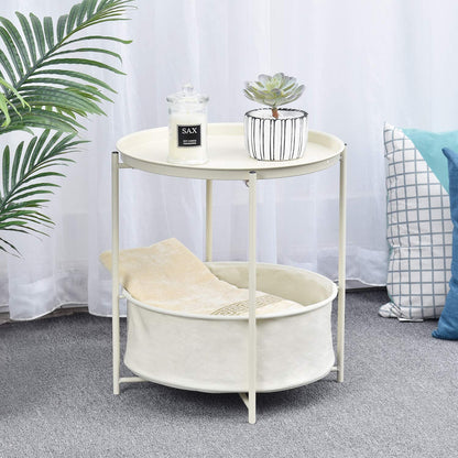 Side Tables Coffee Round Table with Detachable Tray Top and Fabric Storage Basket, Scandi Style Table for Living Room Bedroom (Cream) 