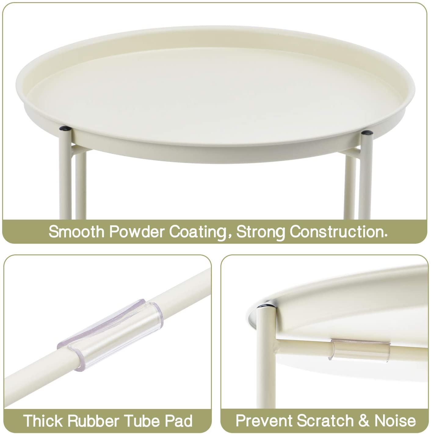Side Tables Coffee Round Table with Detachable Tray Top and Fabric Storage Basket, Scandi Style Table for Living Room Bedroom (Cream) 