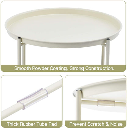 Side Tables Coffee Round Table with Detachable Tray Top and Fabric Storage Basket, Scandi Style Table for Living Room Bedroom (Cream) 