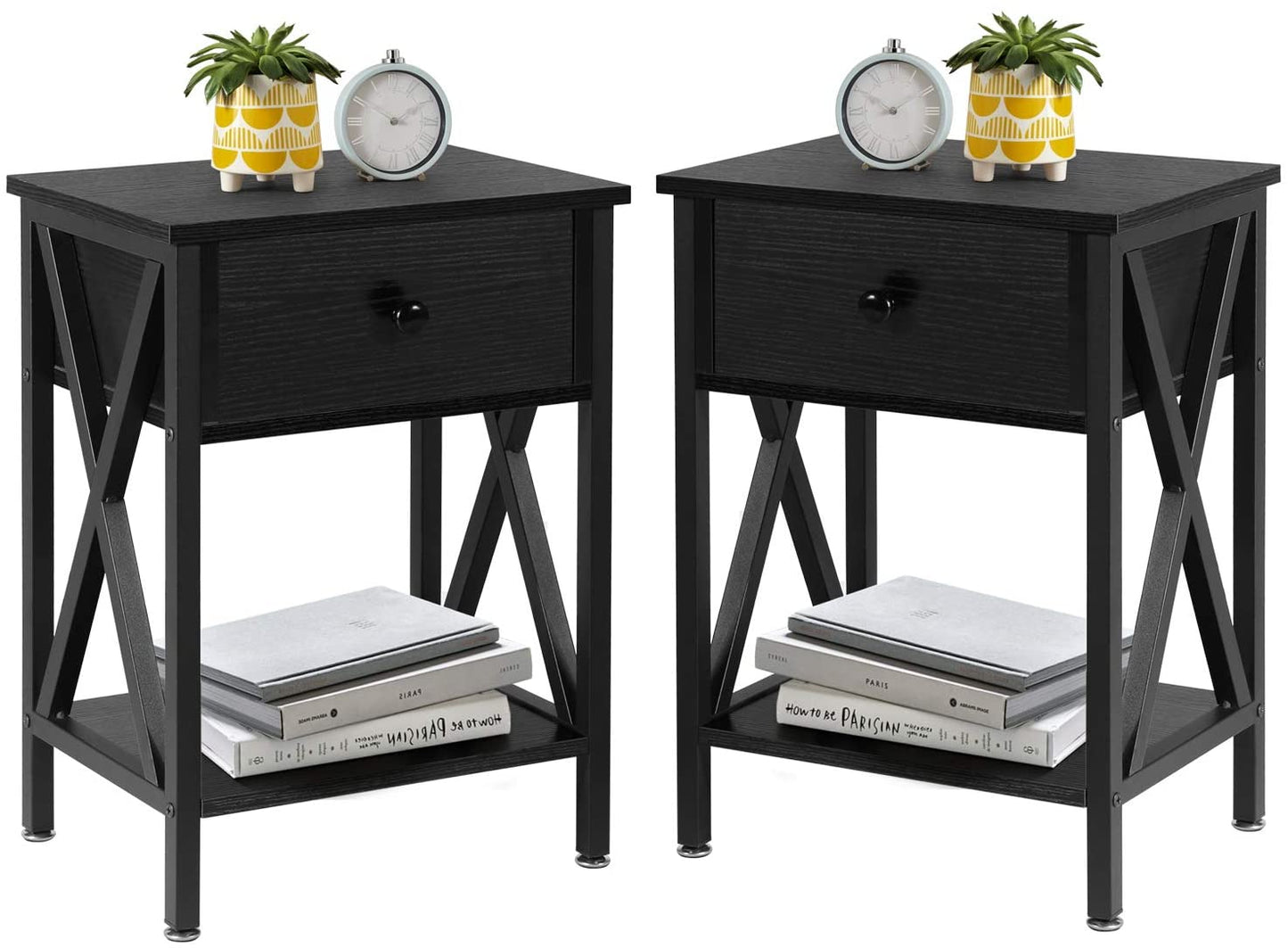 Side Tables Design Side End Table Night Stand Storage Shelf with Bin Drawer for Living Room Bedroom, Set of 2 (Black) 