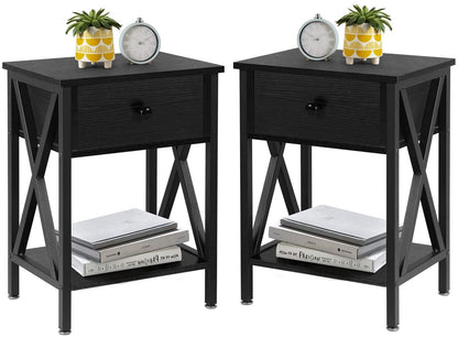 Side Tables Design Side End Table Night Stand Storage Shelf with Bin Drawer for Living Room Bedroom, Set of 2 (Black) 