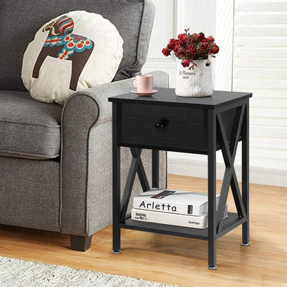 Side Tables Design Side End Table Night Stand Storage Shelf with Bin Drawer for Living Room Bedroom, Set of 2 (Black) 