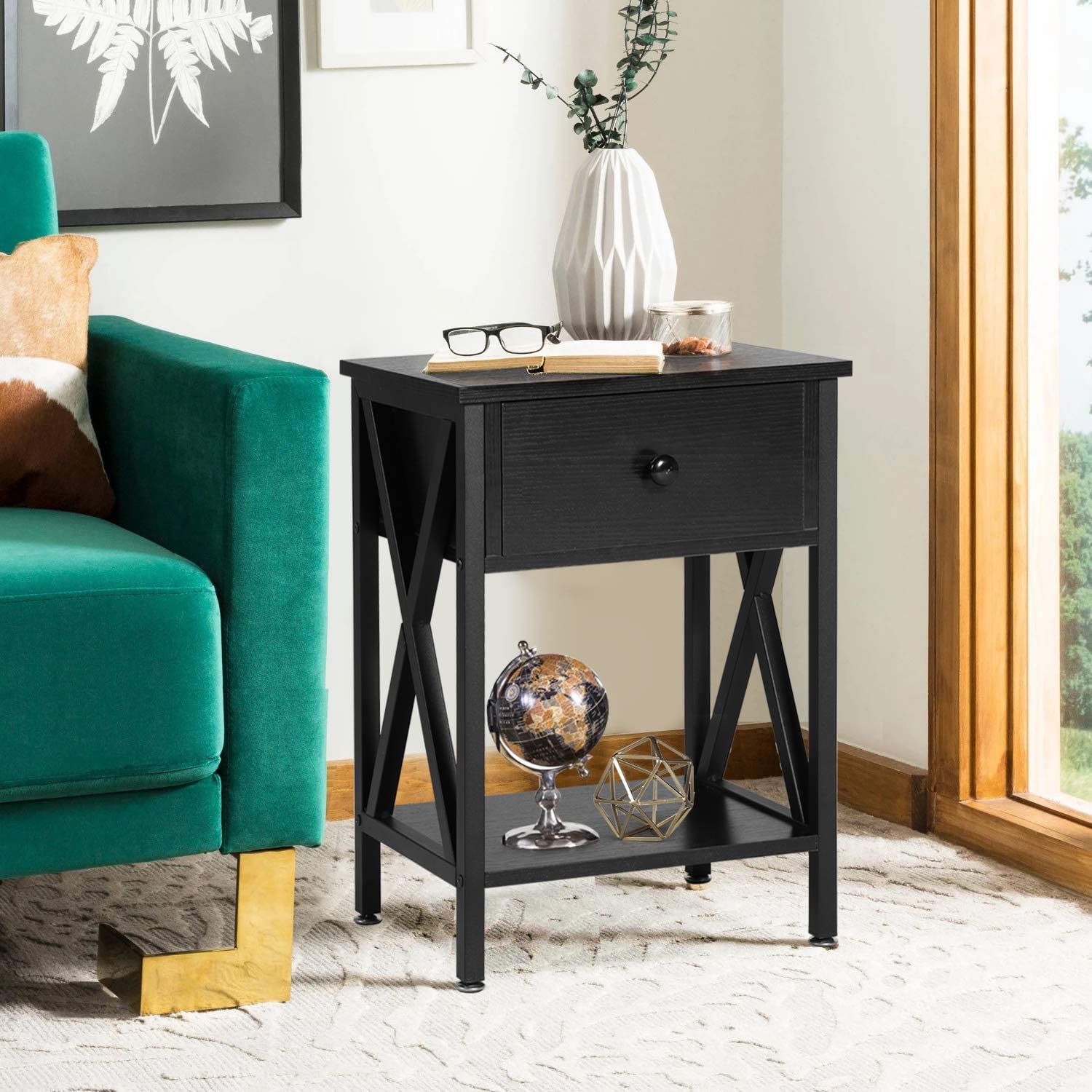 Side Tables Design Side End Table Night Stand Storage Shelf with Bin Drawer for Living Room Bedroom, Set of 2 (Black) 