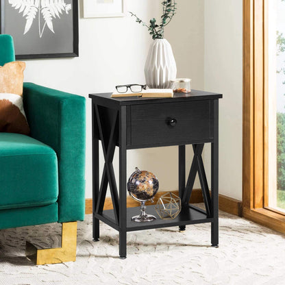 Side Tables Design Side End Table Night Stand Storage Shelf with Bin Drawer for Living Room Bedroom, Set of 2 (Black) 