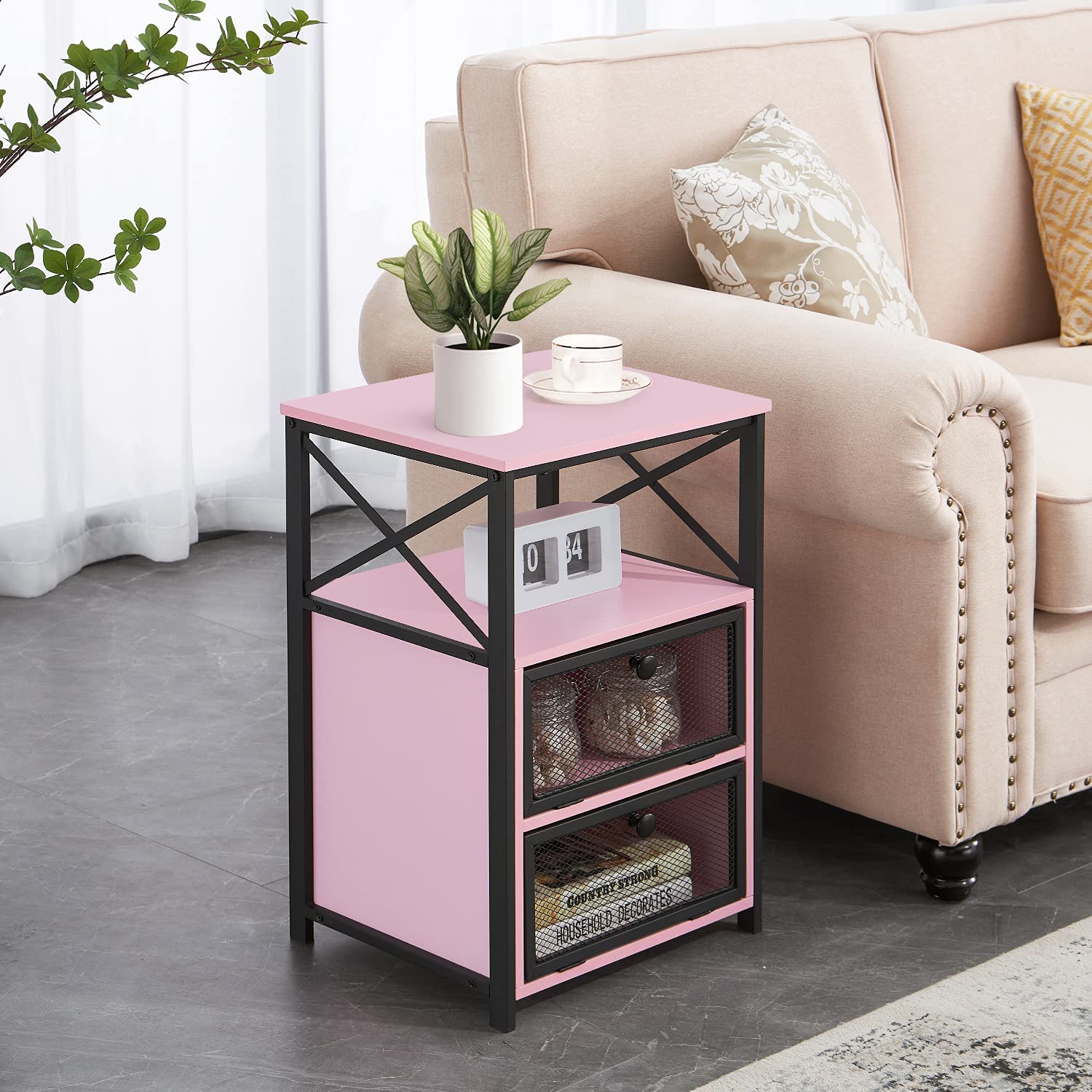 Side Tables: End Side Table with Storage Space and Flip Drawers