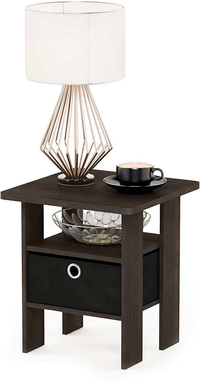 Side Tables Night Stand w Bin Drawer, Dark Brown Black 