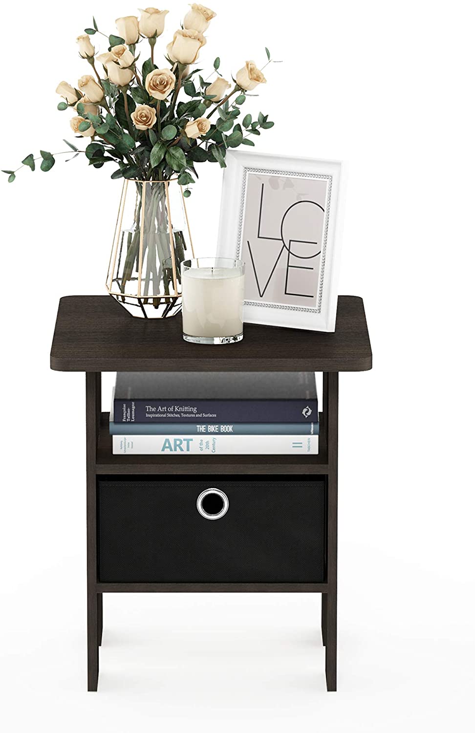 Side Tables Night Stand w Bin Drawer, Dark Brown Black 