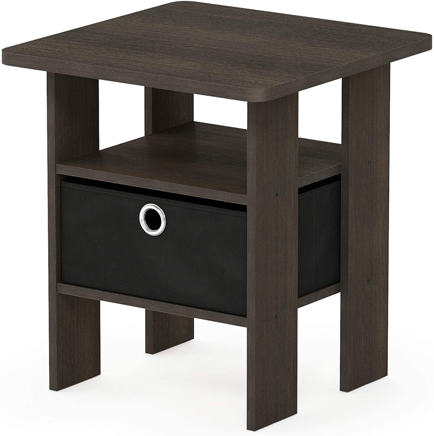 Side Tables Night Stand w Bin Drawer, Dark Brown Black 
