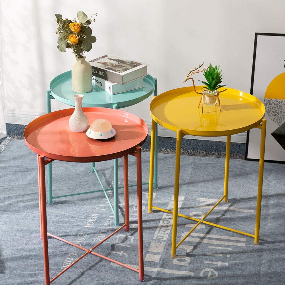 Side Tables : Small Sofa End Table Indoor Accent Table Round Waterproof Metal Coffee Table