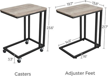 Side Tables: TV Tray, C Shaped Snack Table with Metal Frame, Rolling Casters, Industrial, for Living Room, Bedroom, Light Ivory and Black