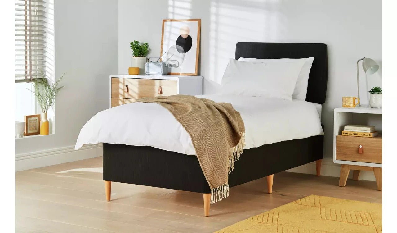Single Bed: Fabric Single Divan Bed with Wooden feet
