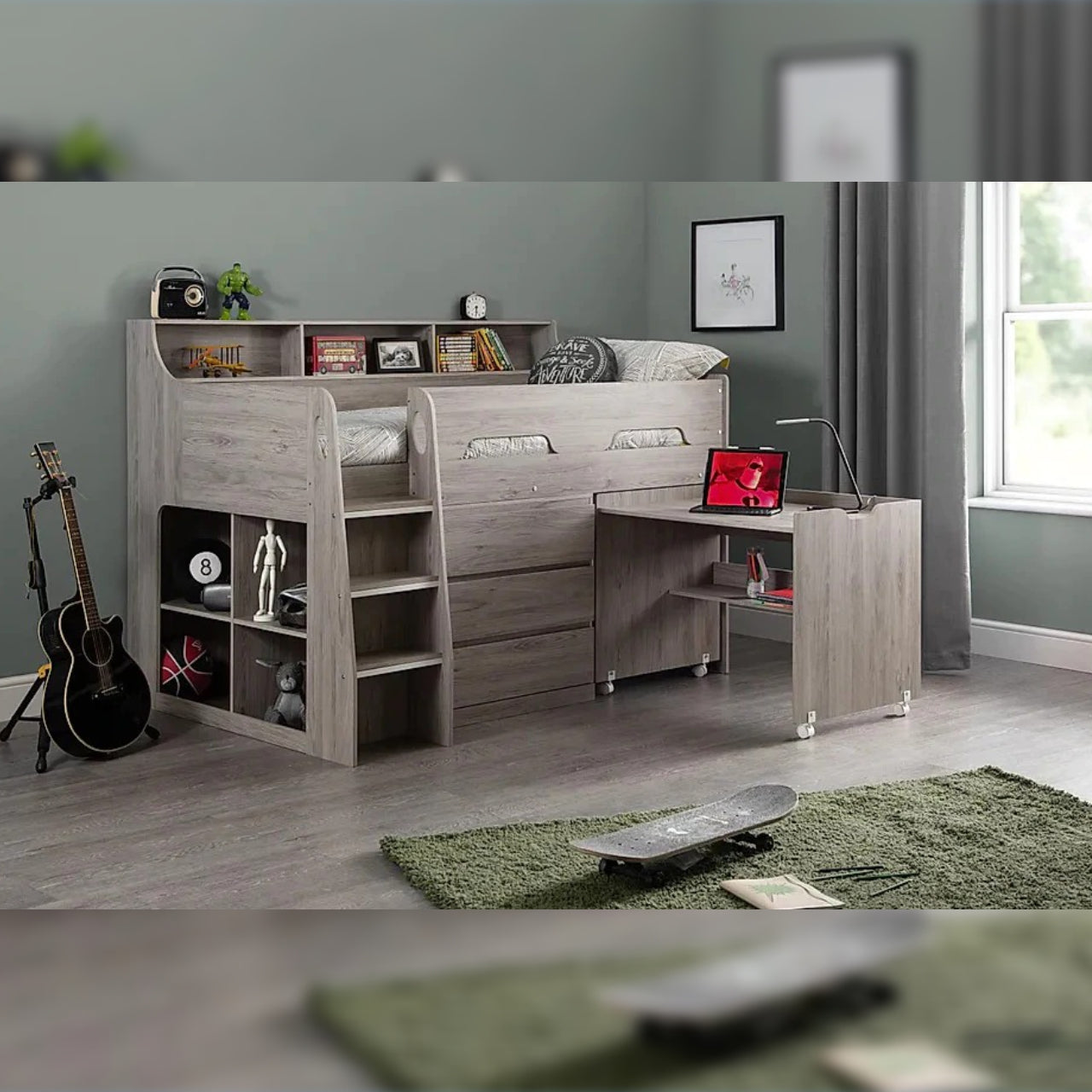 Single Bed Grey Midsleeper with Storage and Desk Single Bed