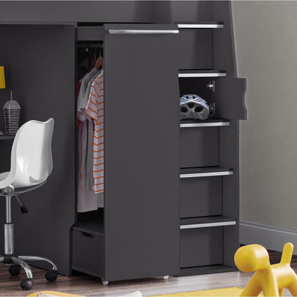 Single Highsleeper Bed Dark Grey Wardrobe with Storage and Desk