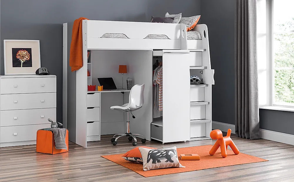 Single Highsleeper Bed: White Wardrobe with Storage and Desk