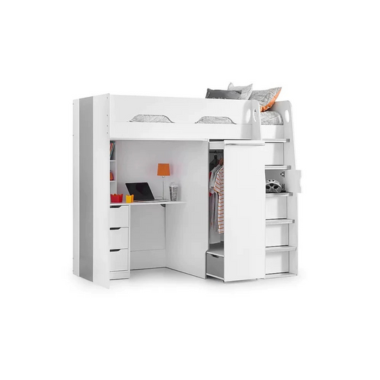Single Highsleeper Bed White Wardrobe with Storage and Desk