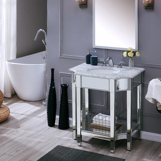 Single Sink Vanities: 32 in. Marble Topped Mirrored Vanity with Sink