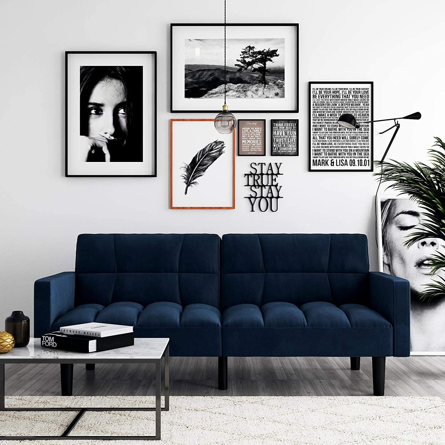 Sofa Cum Beds Convertible Sofa Sleeper Futon with Arms - Blue Microfiber 