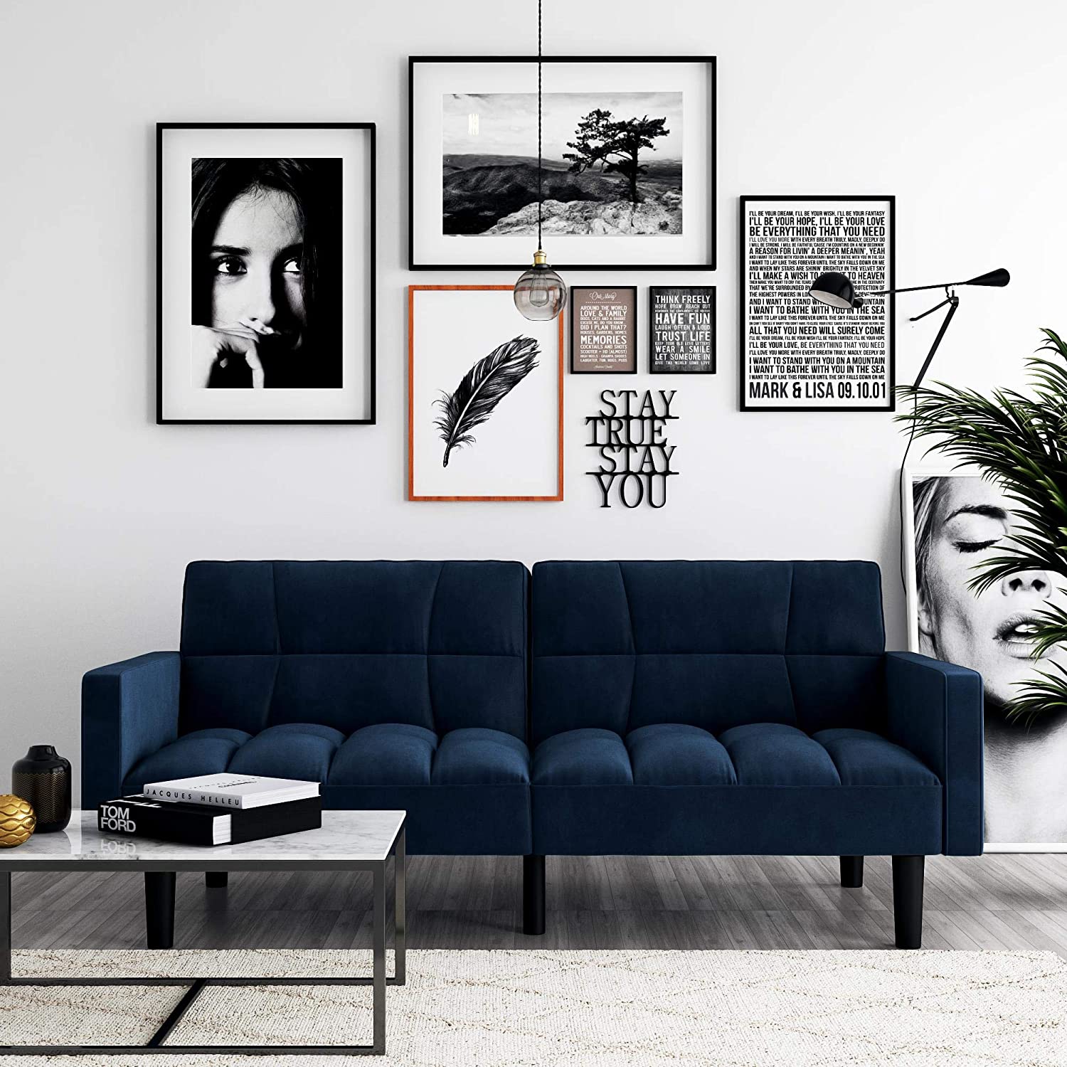 Sofa Cum Beds Convertible Sofa Sleeper Futon with Arms - Blue Microfiber 