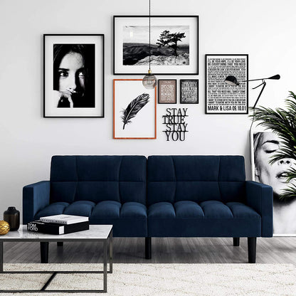 Sofa Cum Beds Convertible Sofa Sleeper Futon with Arms - Blue Microfiber 