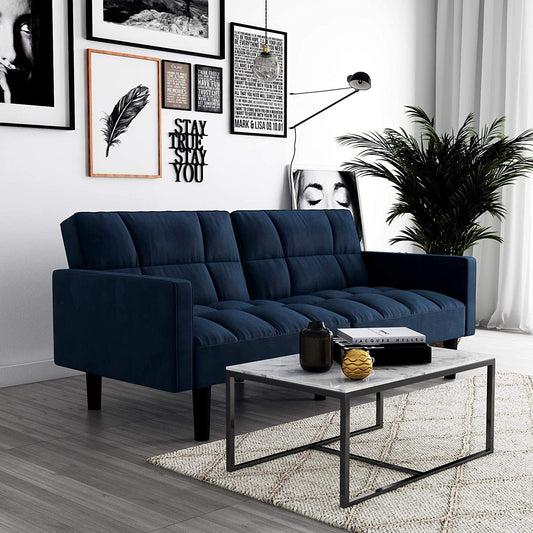 Sofa Cum Beds Convertible Sofa Sleeper Futon with Arms - Blue Microfiber 