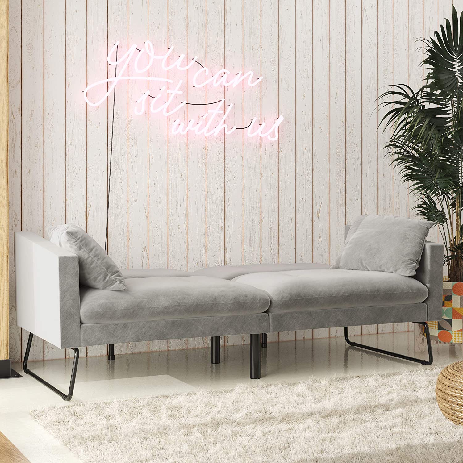 Sofa Cum Beds Pillows Velvet Futon, Gray 