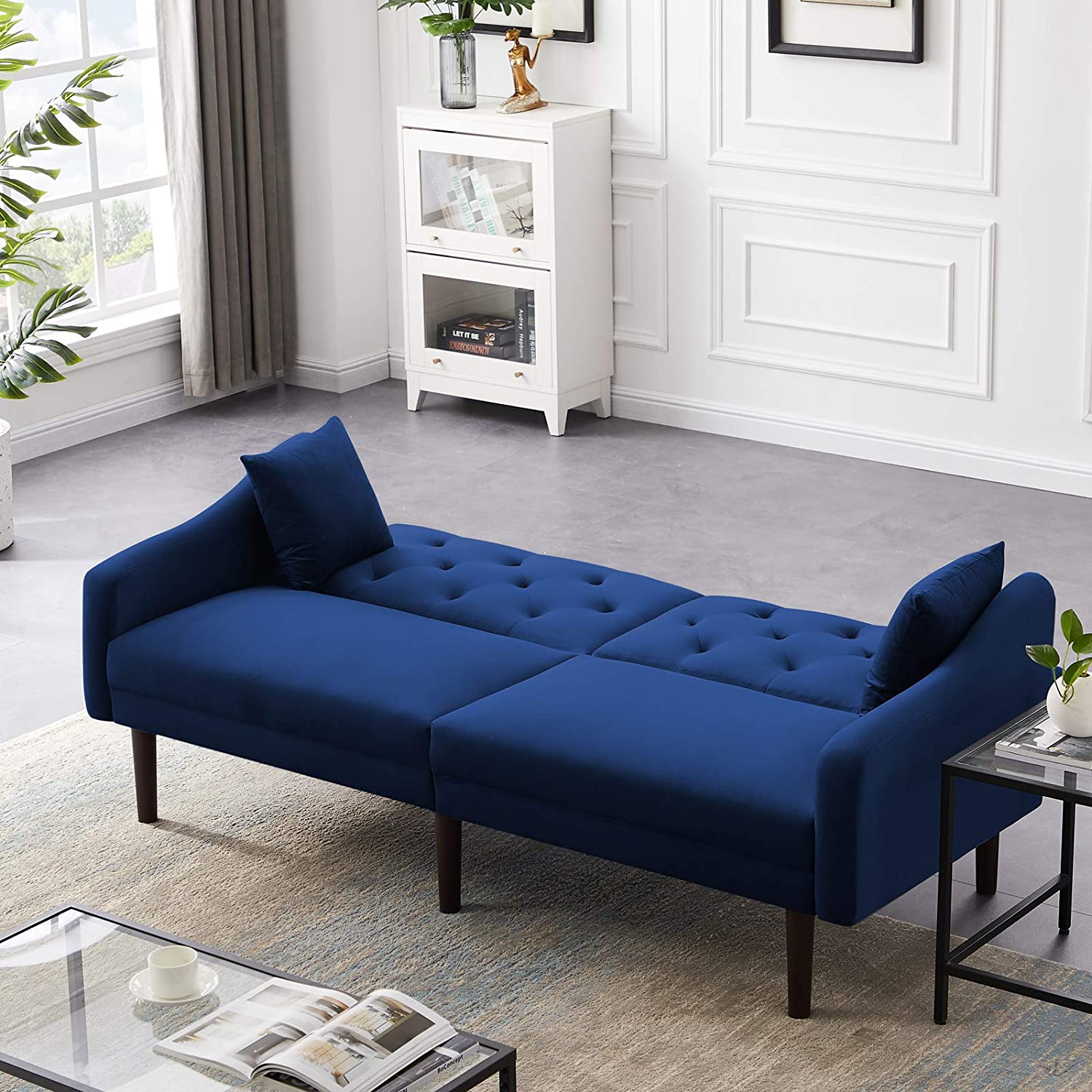 Sofa Cum Beds Velvet Sofa Bed, Folding Recliner,Blue 