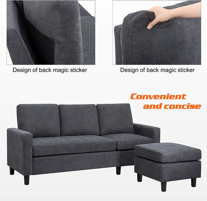 L Shape Sofa Set: Grey Fabric L Shape Convertible Sofa Set