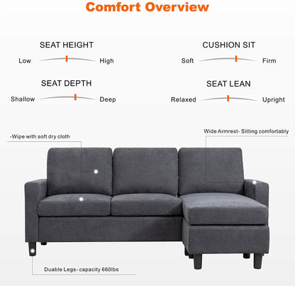 L Shape Sofa Set: Grey Fabric L Shape Convertible Sofa Set
