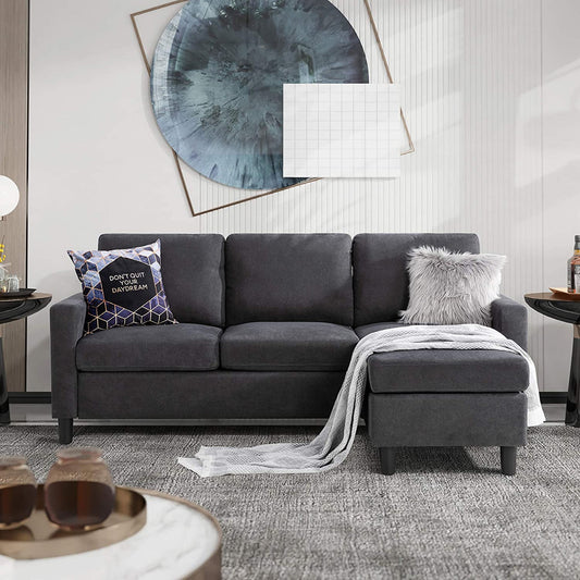 L Shape Sofa Set: Grey Fabric L Shape Convertible Sofa Set