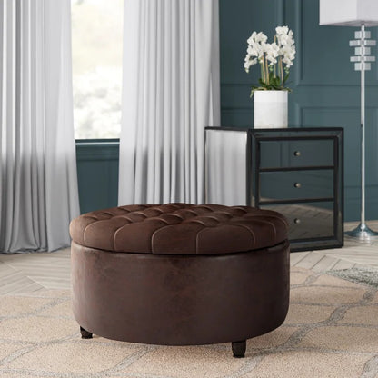Storage Ottomans 28'' Wide Faux Leather Round Storage Ottoman with Storage