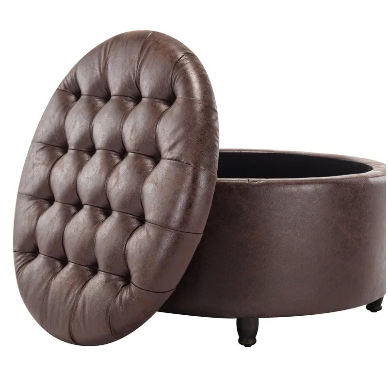 Storage Ottomans 28'' Wide Faux Leather Round Storage Ottoman with Storage