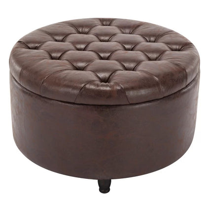 Storage Ottomans 28'' Wide Faux Leather Round Storage Ottoman with Storage